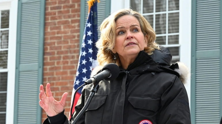 Nassau County Executive Laura Curran speaks during a news conference in Brookville...