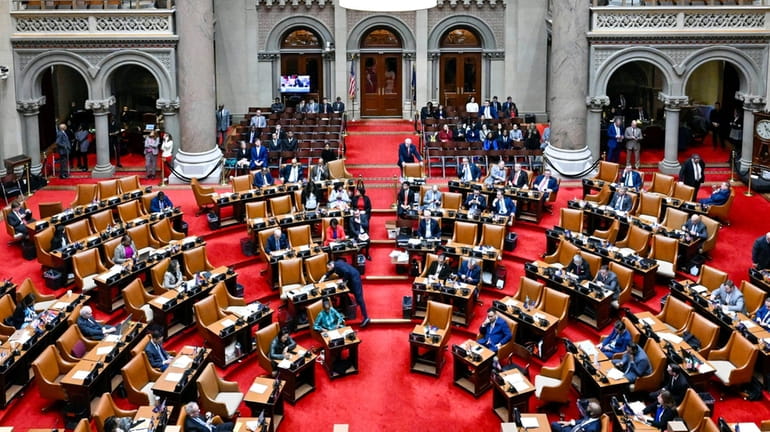 The New York state Assembly Chamber is seen during a...