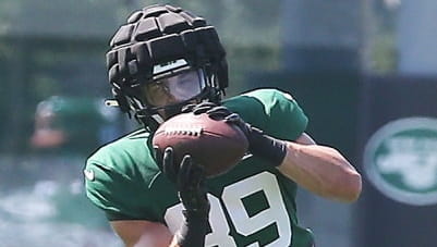Jets tight end Jeremy Ruckert catches a pass during training camp...