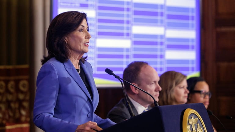Gov. Kathy Hochul (D) discusses the FY 2025 state budget...