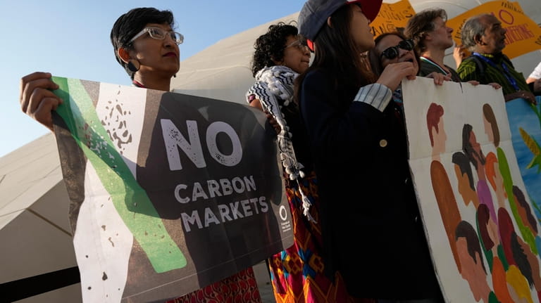 A demonstrator holds a sign that reads no carbon markets...
