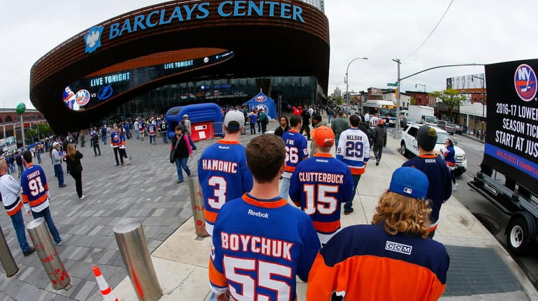 Fans arrive at Barclays Center before Game 3 of the Eastern...