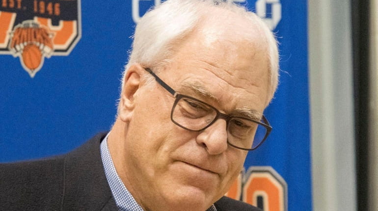 Knicks president Phil Jackson speaks with reporters Friday, April 14,...
