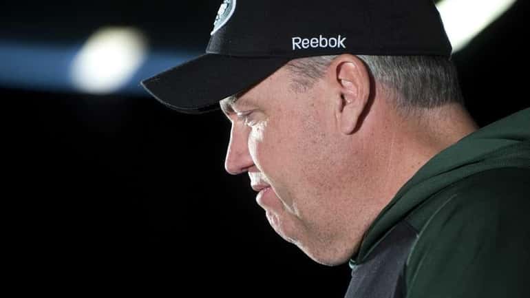 New York Jets head coach Rex Ryan speaks to the...