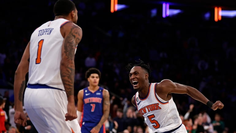 New York Knicks guard Immanuel Quickley (5) celebrates with Obi...