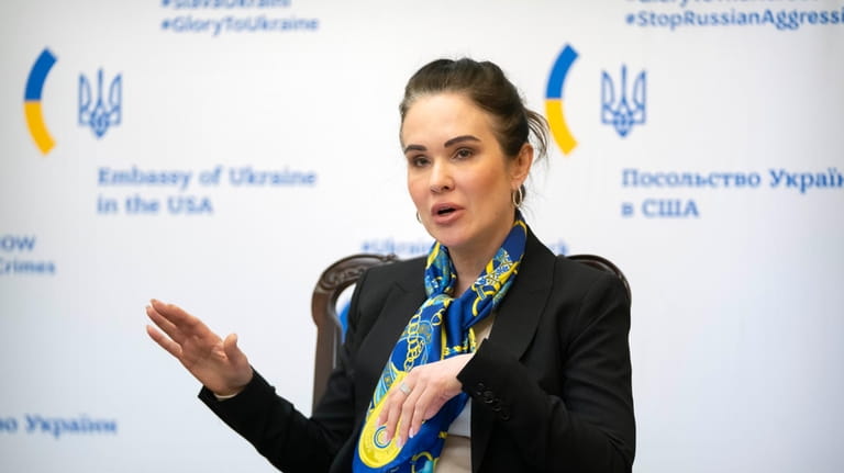 Ukraine's Deputy Minister of Justice Iryna Mudra speaks during a...