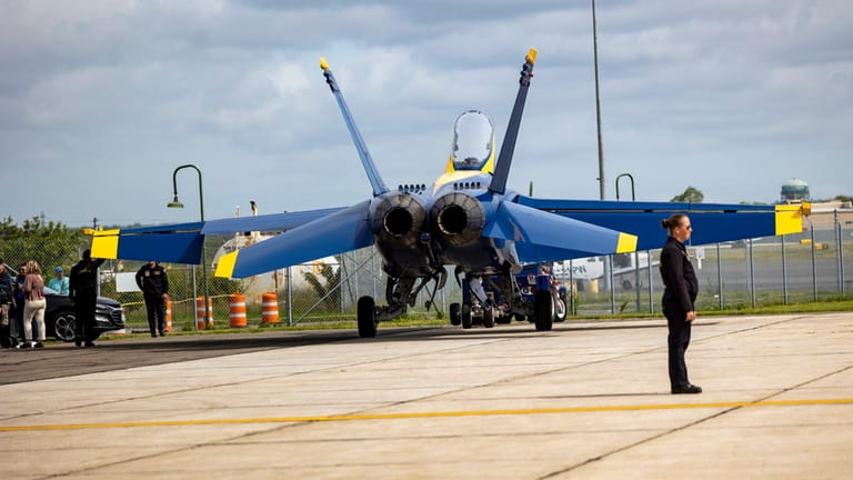 The Blue Angels takeoff at Republic Airport for a practice...