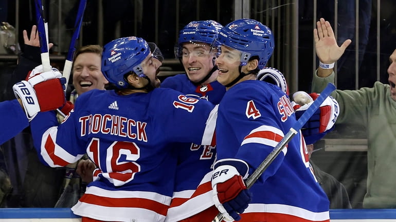 Jimmy Vesey #26 of the Rangers celebrates his third period goal...