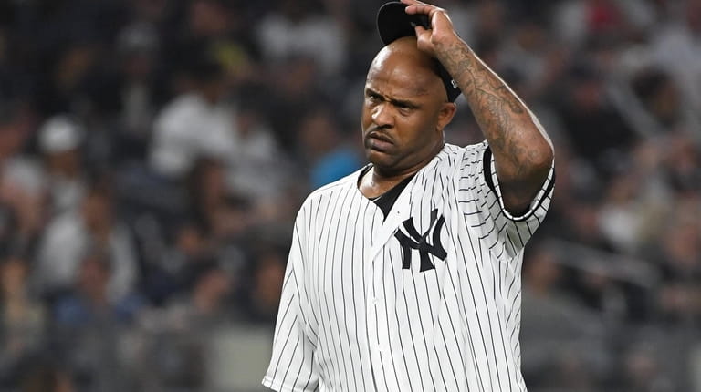 New York Yankees starting pitcher CC Sabathia reacts during the...