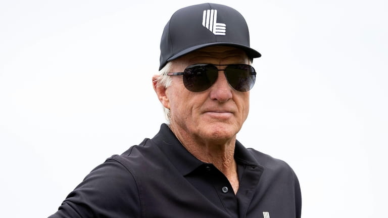 LIV Golf CEO Greg Norman looks on during the final...