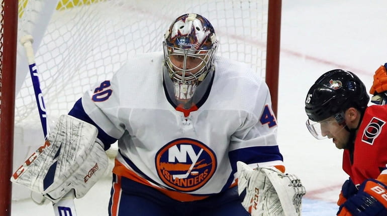 Islanders goaltender Semyon Varlamov looks on during third period NHL hockey action...
