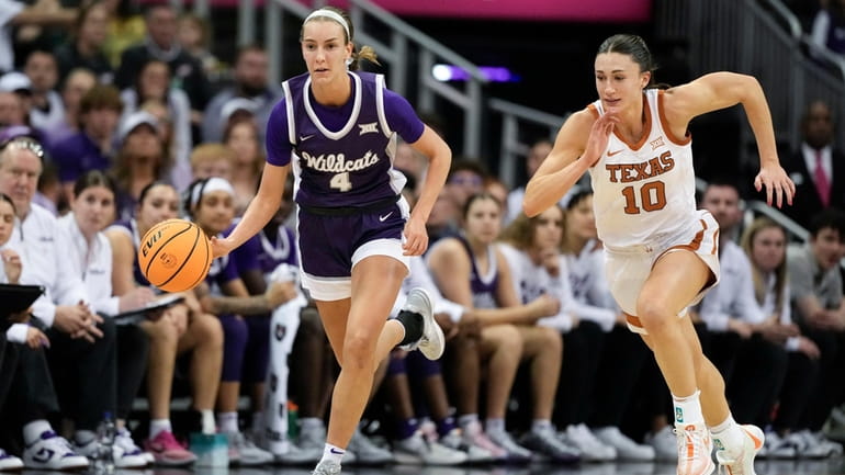 Kansas State guard Serena Sundell (4) is chased by Texas...