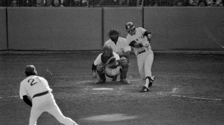 After fouling ball off his foot,  Bucky Dent hits a...