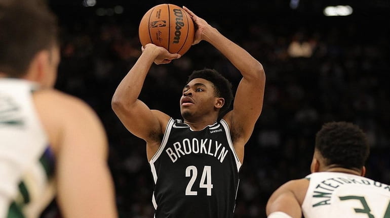 Cam Thomas of the Brooklyn Nets against the Bucks on October...