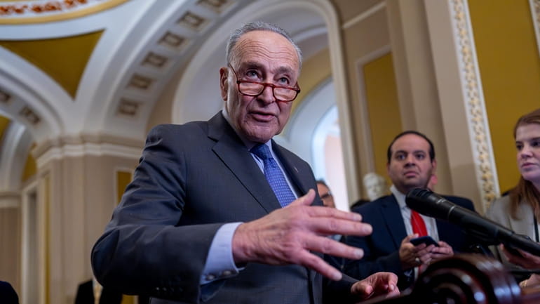 Senate Majority Leader Chuck Schumer, D-N.Y., meets with reporters to...