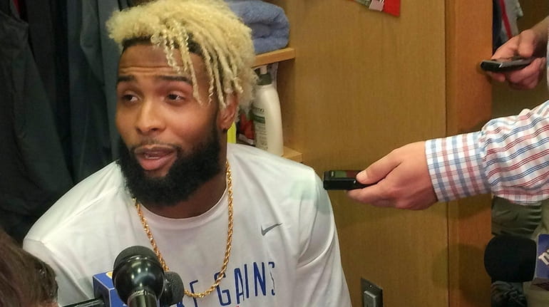 Giants wide receiver Odell Beckham Jr. speaks with reporters in...