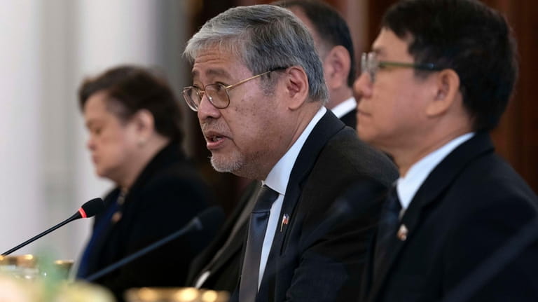 Philippines Foreign Affairs Secretary Enrique Manalo speaks during a bilateral...