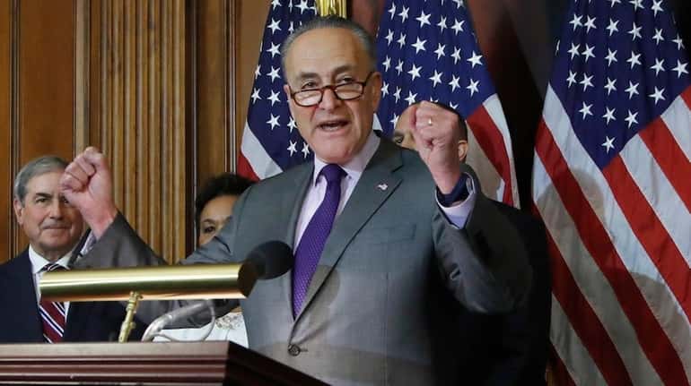 Senate Minority Leader Charles Schumer speaks to reporters about President...