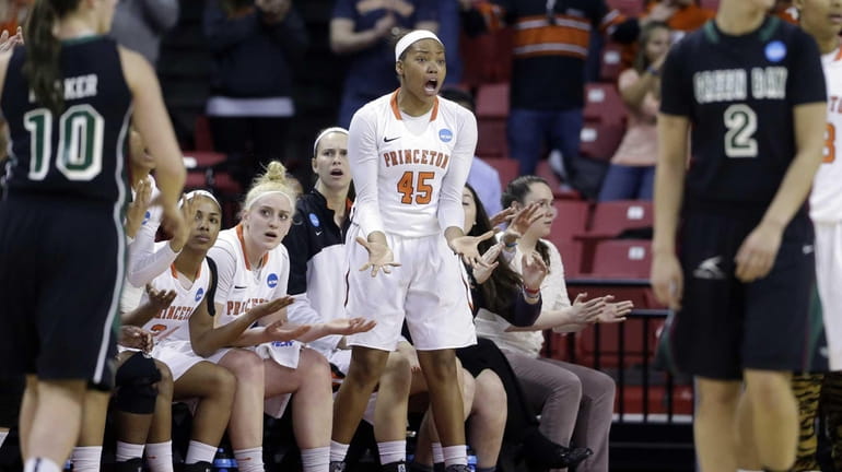 Princeton forward Leslie Robinson reacts to an official's call in...