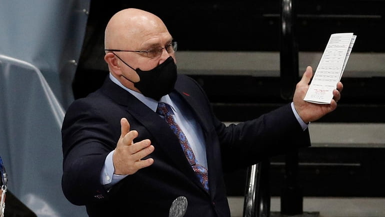 Head coach Barry Trotz of the Islanders reacts during the first...