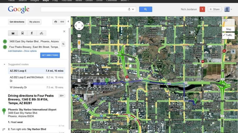 This screenshot shows driving directions from Phoenix's airport to a...