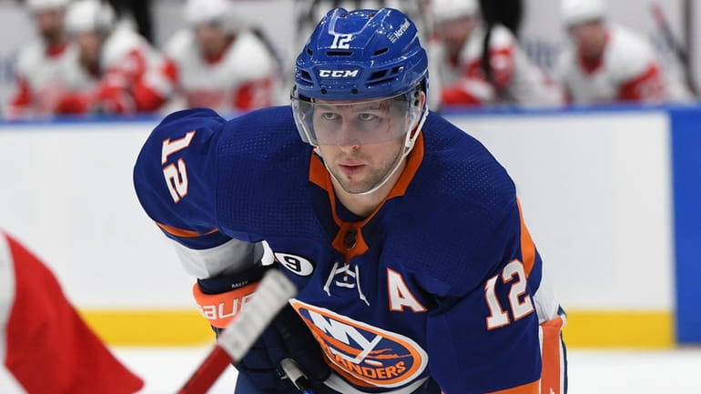 New York Islanders right wing Josh Bailey sets before a...