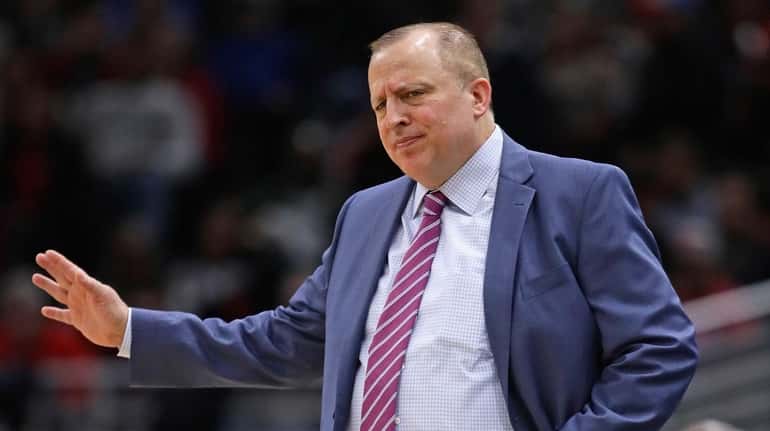 Then-Timberwolves head coach Tom Thibodeau complains to a referee during...