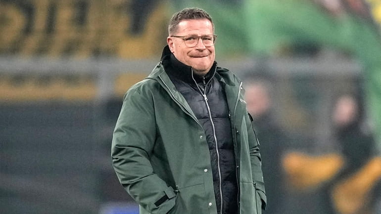Leipzig's director Max Eberl reacts prior the German Bundesliga soccer...