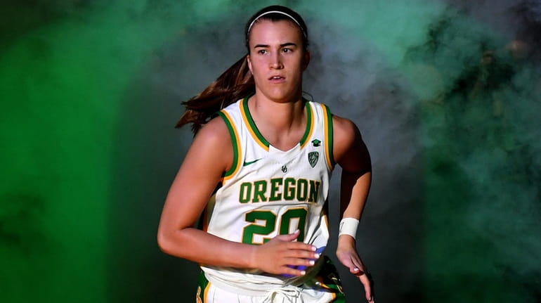 Sabrina Ionescu #20 of the Oregon Ducks is introduced before...