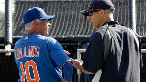 Mets manager Terry Collins, left, chats with Yankees manager Joe...