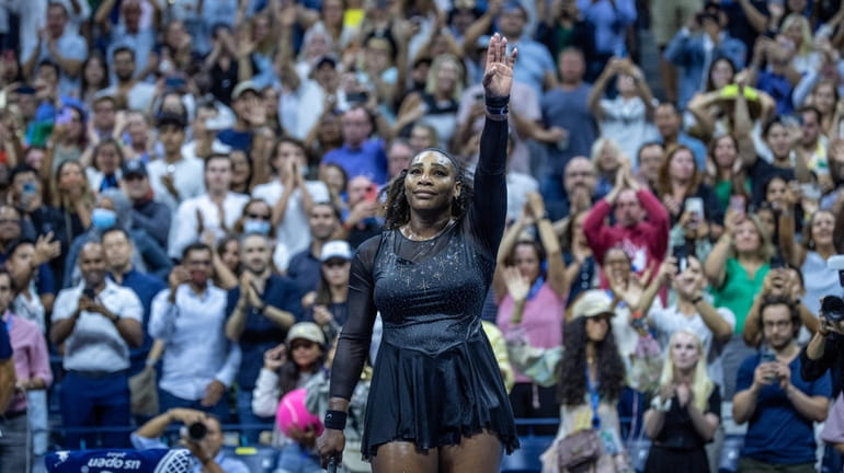 Serena Williams waves goodbye Friday after losing to Ajla Tomljanovic...