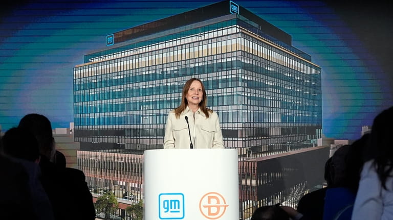 General Motors CEO Mary Barra addresses a news conference, Monday,...