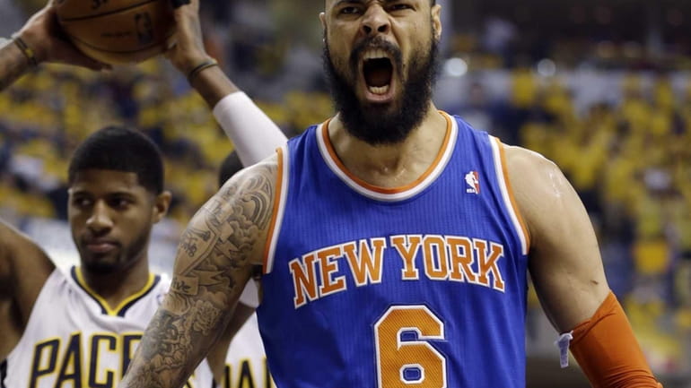 Tyson Chandler reacts in front of the Indiana Pacers' Paul...