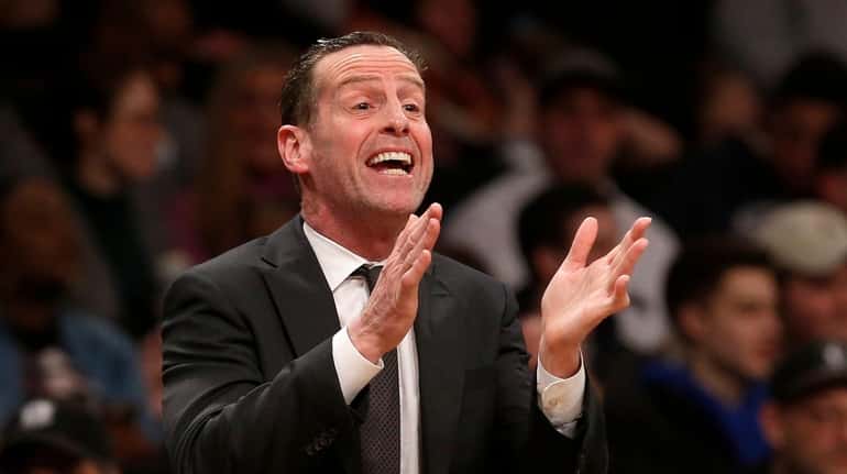 Head coach Kenny Atkinson of the Nets reacts during the...