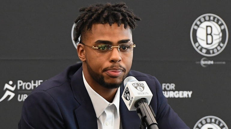 Nets' D'Angelo Russell answers questions during a press conference on...