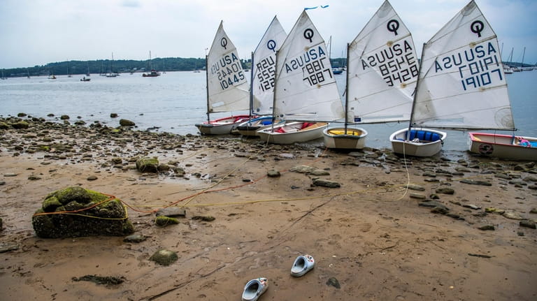 Colorful Optimist dinghies sit ready for young sailors at Sea...