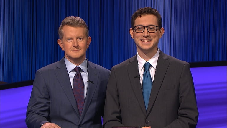 “Jeopardy!” host Ken Jennings, left, with contestant Zach Wissner-Gross of...