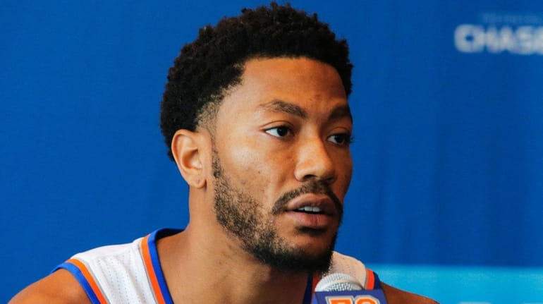 Derrick Rose speaks during a news conference at New York...