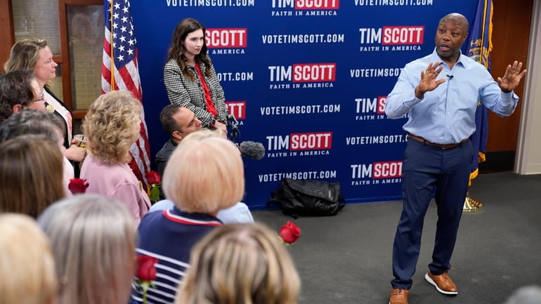 Republican presidential candidate South Carolina Sen. Tim Scott speaks during...