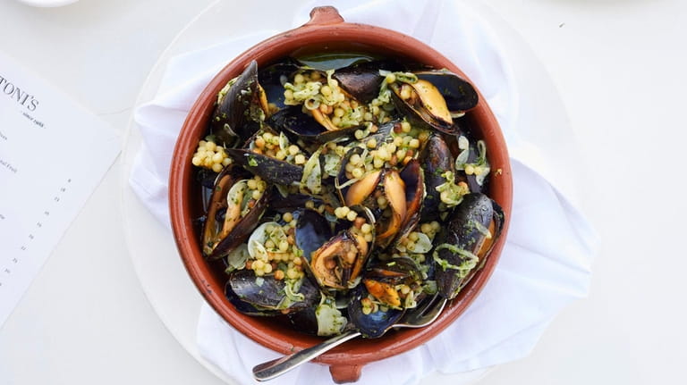 Wood roasted mussels with fregola verde, white wine, garlic and...