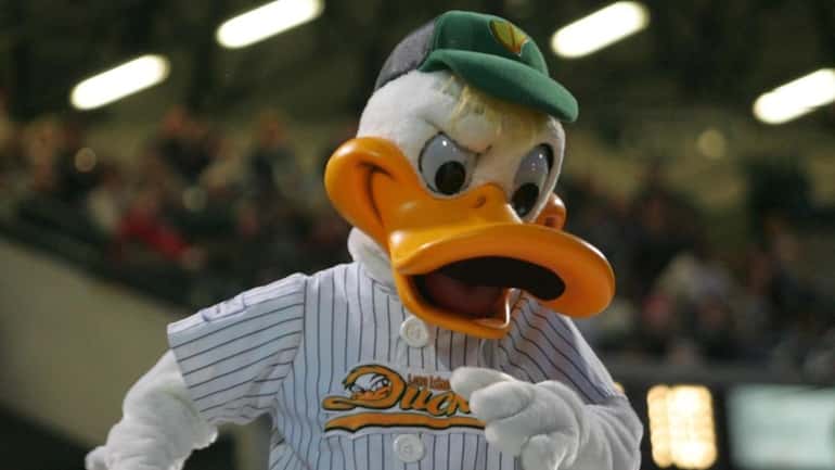The Long Island Ducks mascot Quackerjack performs during the Ducks'...