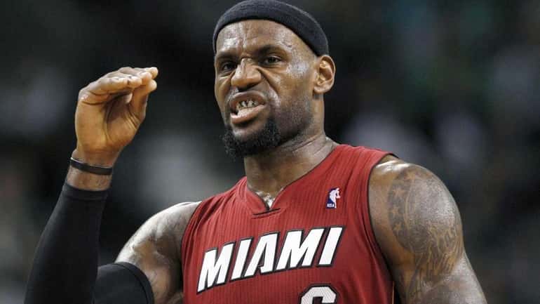 Miami Heat forward LeBron James gestures during Game 6 of...