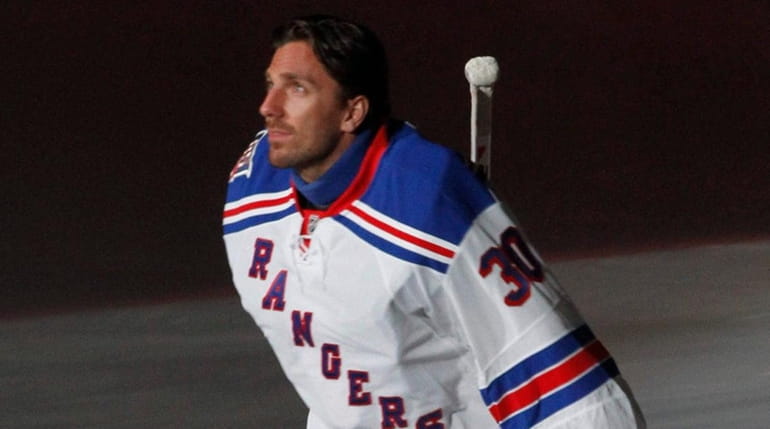 Henrik Lundqvist of the Rangers takes the ice during the NHL All-Star...