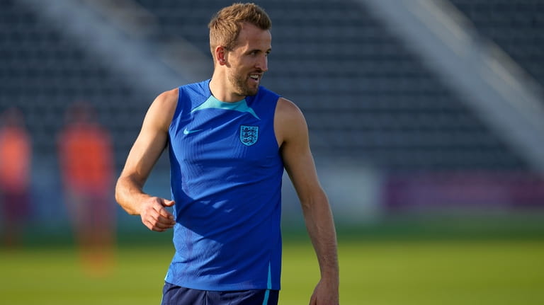 England's Harry Kane takes part in drills during a training...