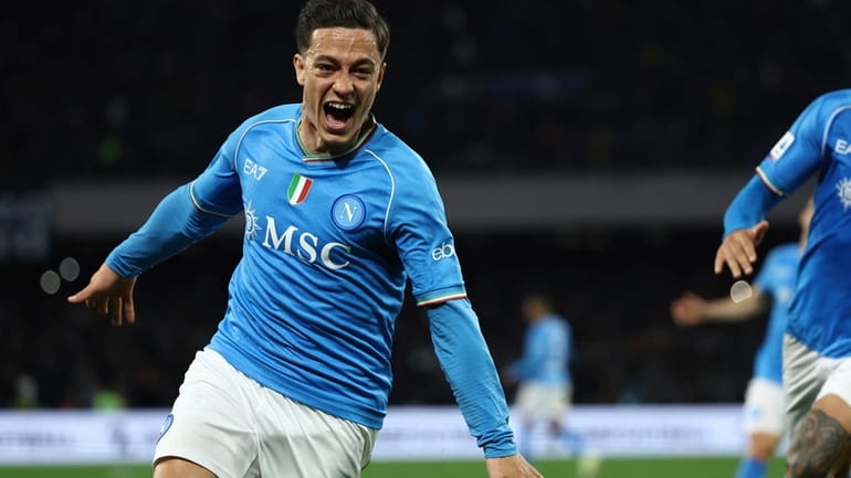 Napoli's Giacomo Raspadori celebrates after scoring a goal during the...