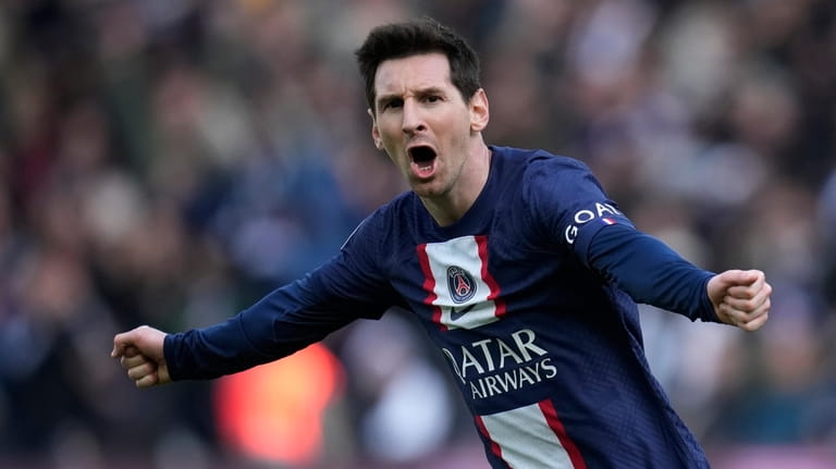 PSG's Lionel Messi celebrates after scoring his side's fourth goal...