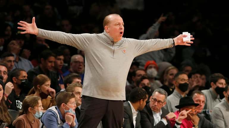 New York Knicks head coach Tom Thibodeau reacts in the...
