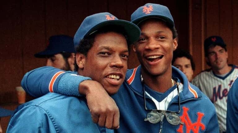 The Mets' Dwight Gooden and  Darryl Strawberry on Oct. 7, 1985.