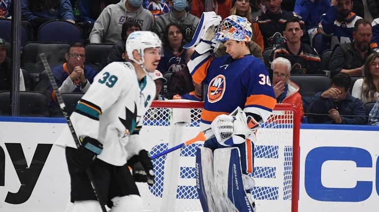 Islanders goaltender Ilya Sorokin reacts after San Jose Sharks center...