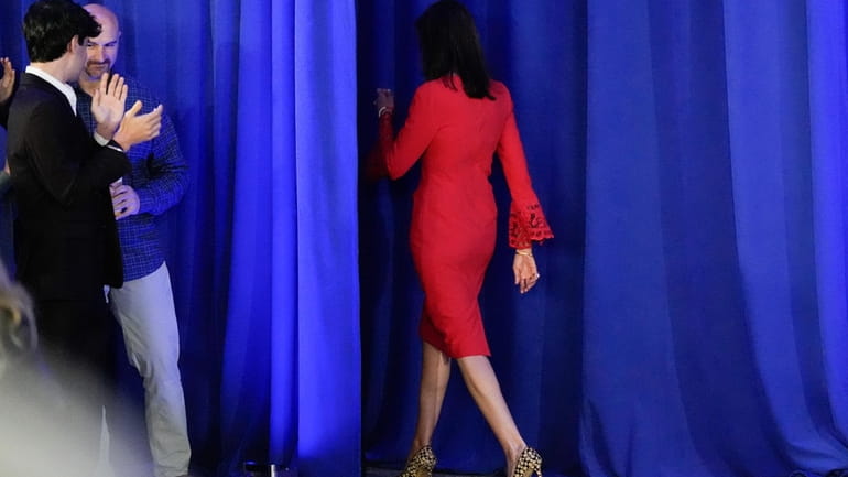 Republican presidential candidate former UN Ambassador Nikki Haley walks off...